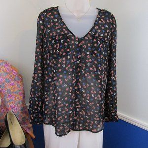Candie's Semi-sheer Floral Popover Roll-Tab Sleeve V-Neck Blouse